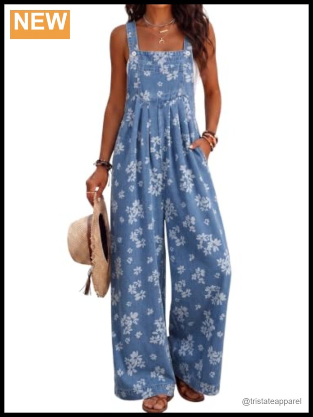 Dokotoo Floral Denim Bib Overalls Stretch Wide Leg Ankle Length